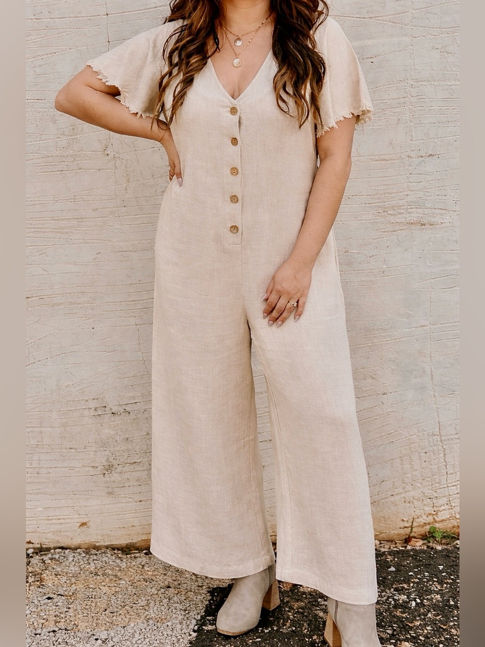 NWOT Promesa Linen Cotton Tan Front Button Wide Leg Jumpsuit Size M